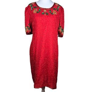 Vtg Laurence Kazar Beaded Sequin Christmas Holiday Dress Sz M 100% Silk Red